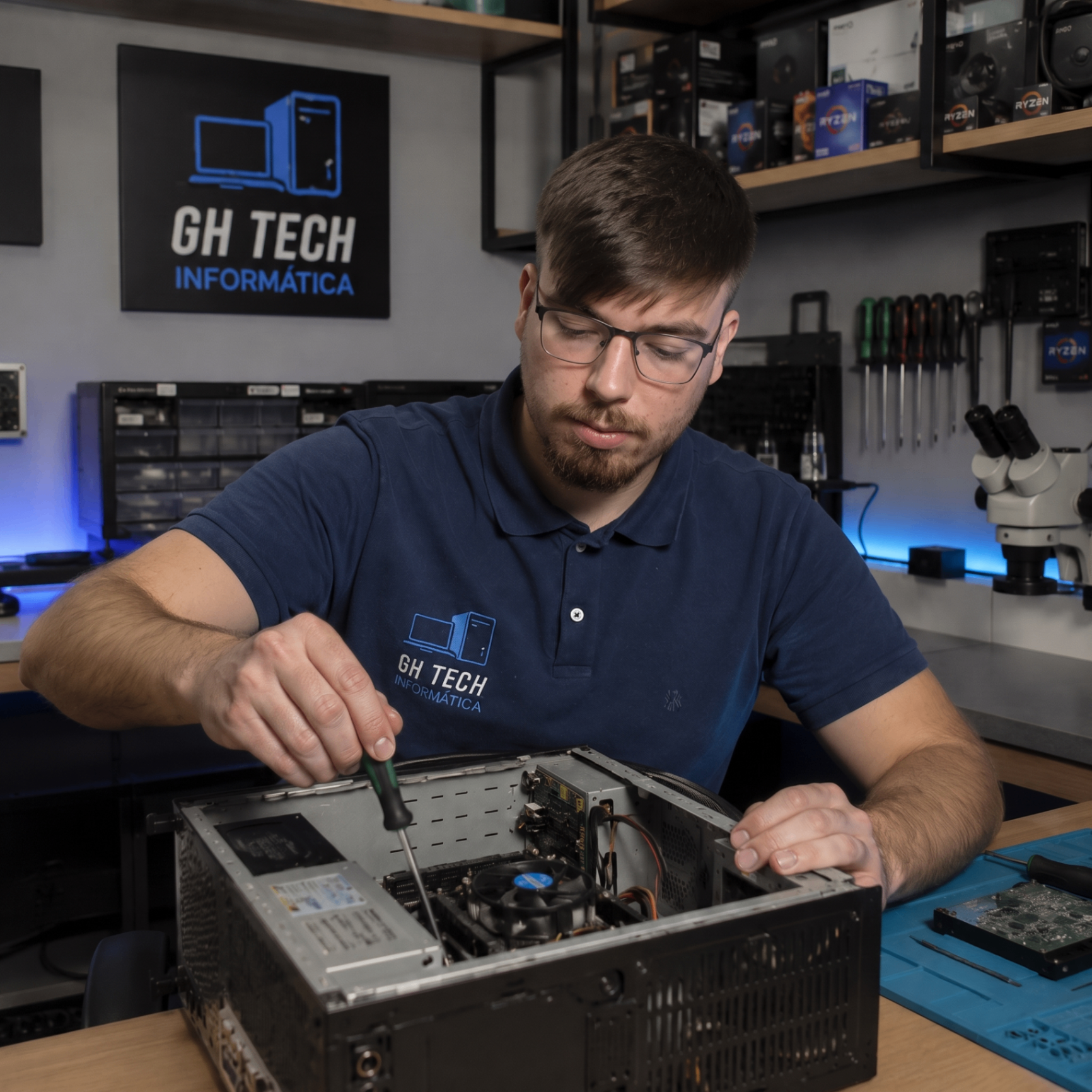 Técnico da GH Tech Informática realizando manutenção em um computador